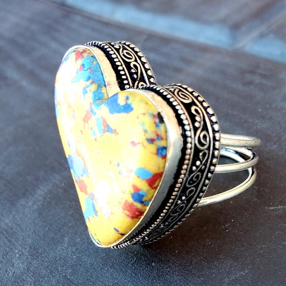 New Heart Shaped Mosaic Balloon Jasper 925 Silver Ring. - Picture 5 of 10